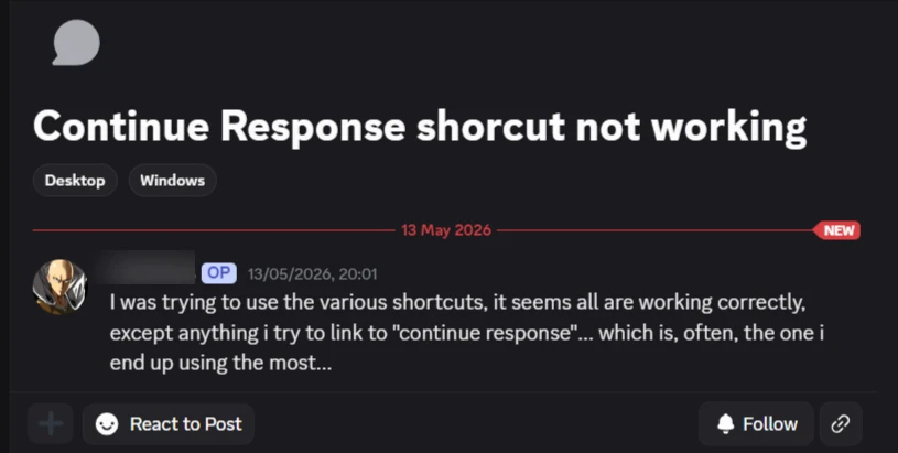 Discord user making a complaint about the Continue feature