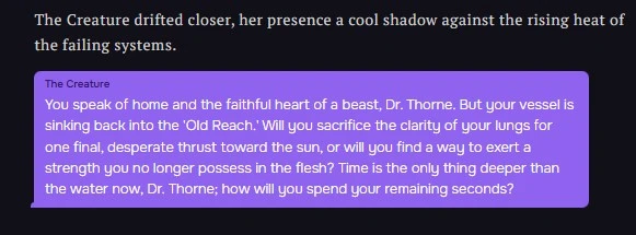 Screenshot of Talefy AI trying to railroad and steer the conversation back to the original plot despite Dr. Thorne stating that he wants to go home.