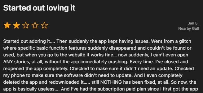 Screenshot of Apple Store review for Talefy AI showing a user complaining about the app continuously crashing.