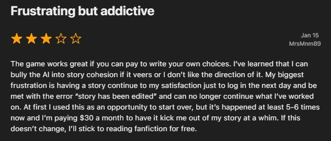 Screenshot of Apple Store review for Talefy AI showing a user complaining about the app randomly editing his story.