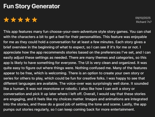 Positive user feedback praising Talefy AI's image features and clean user interface.