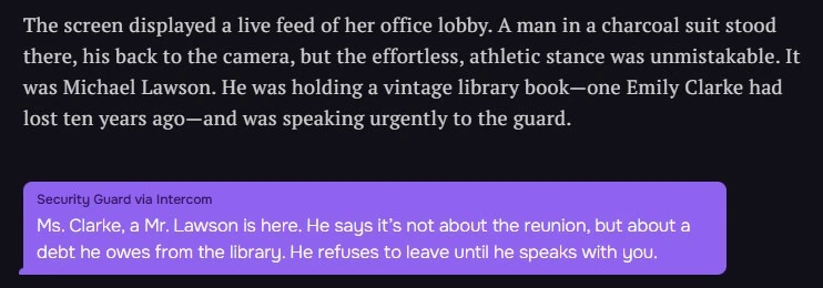 Screenshot showing the Talefy AI pushing the reunion narrative even after we steered the story to a different direction.