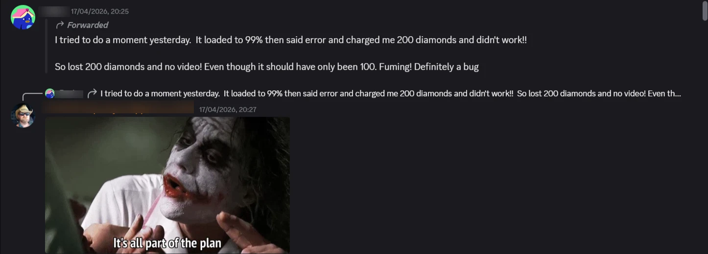 Discord users discuss video generation failure