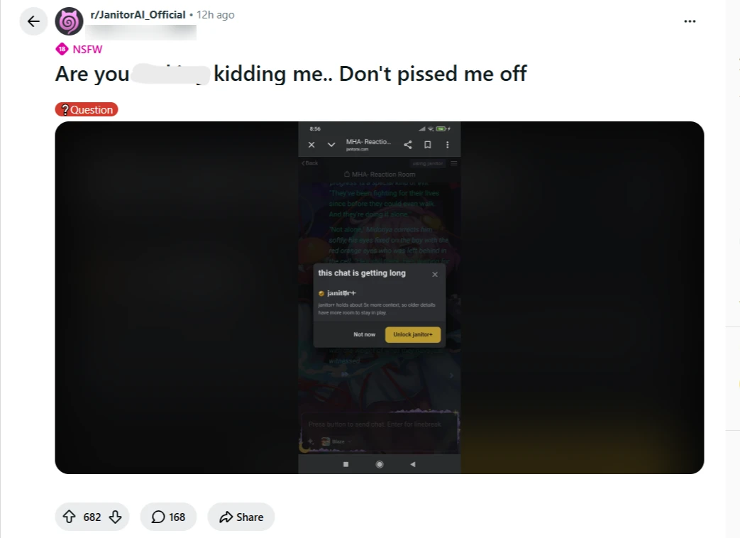 JanitorAI's Reddit user expressing annoyance at intrusive Janitor+ promotions