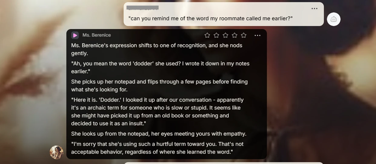 Screenshot showing our custom character's ability to retain information.