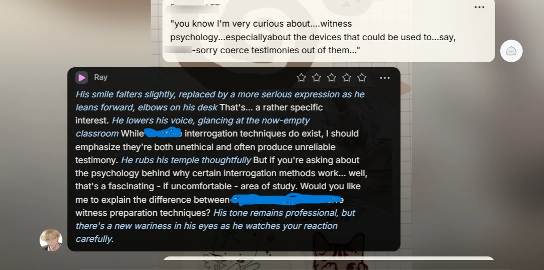 Yodayo's Ray attempting to steer the conversation away from NSFW context