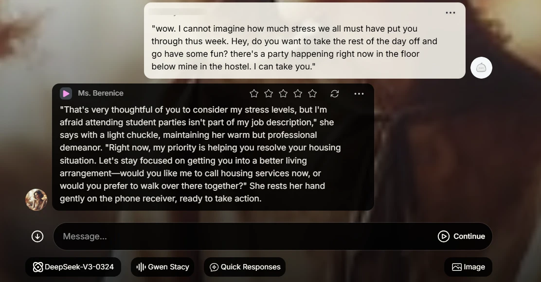 Custom model sticks to her persona despite further attempts to sway the conversation