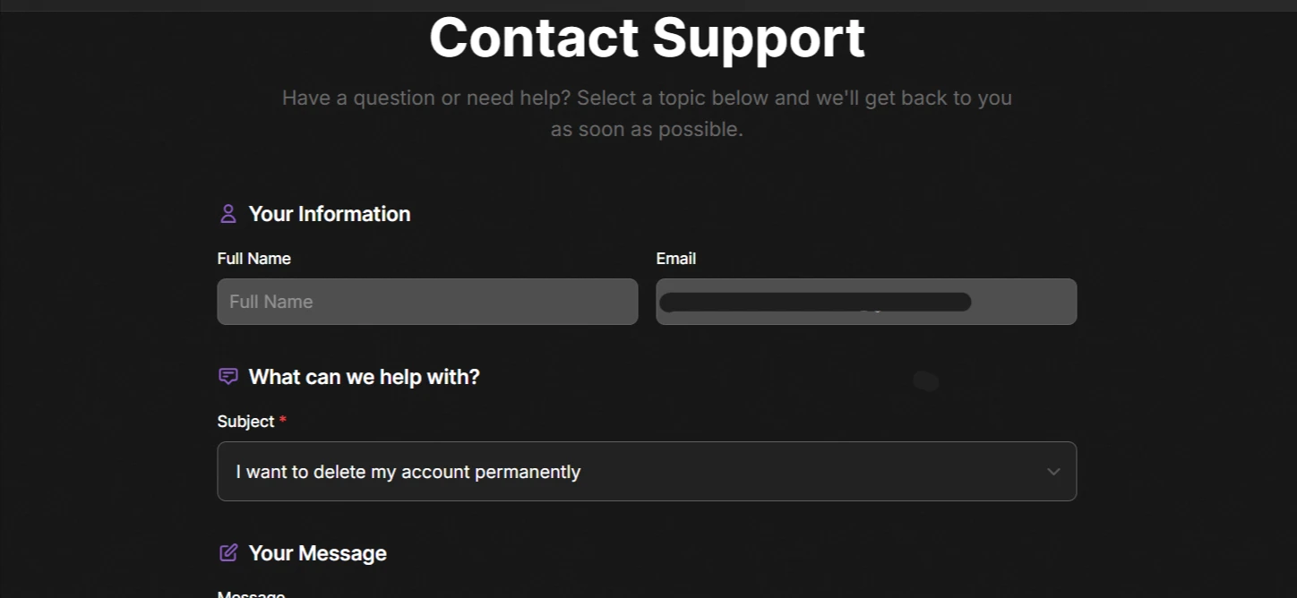 Screenshot of Soulkyn “Contact Support” form page