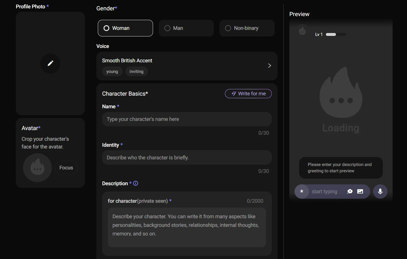 Flipped Chat's character creation page