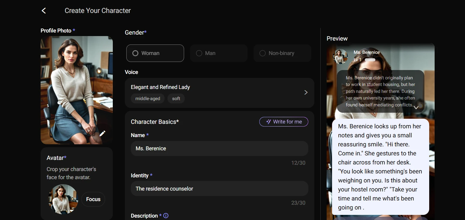 Ms. Berenice character creation page showing the preview feature