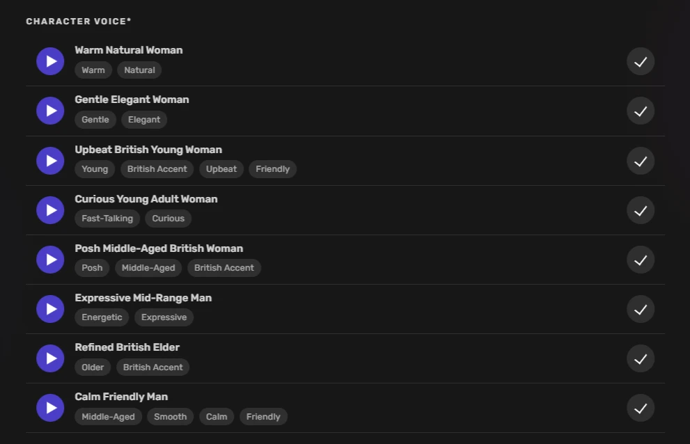 Character voice options