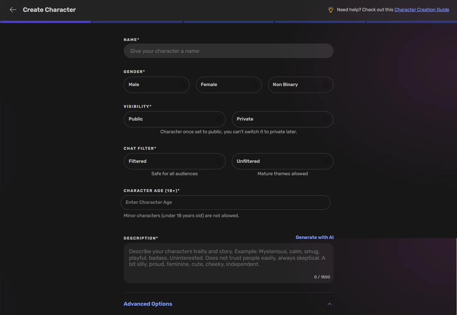 Character creation page showing customization fields