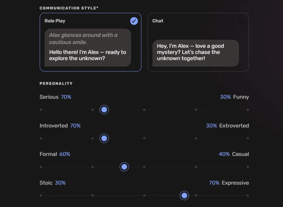 Character creation page showing communication style options