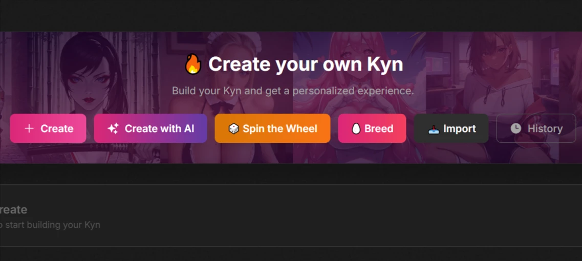 Soulkyn character creation interface showing creation options