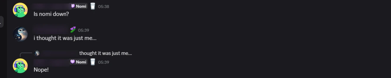 discord chatroom showing users checking in when the platform stops responding