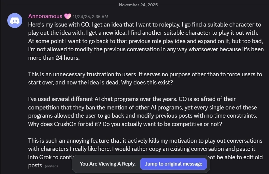 Discord user voices out displeasure about CrushOn AI