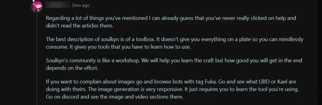 Screenshots of r/Soulkyn user responding in defence of the platform