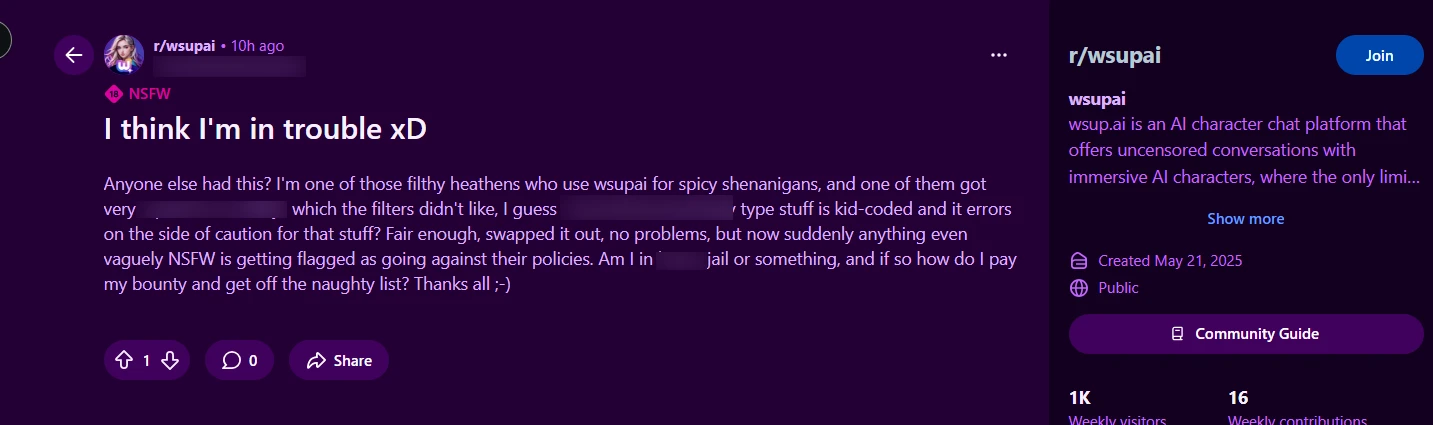 Screenshot of reddit user complaining of Wsup AI’s content moderation issues