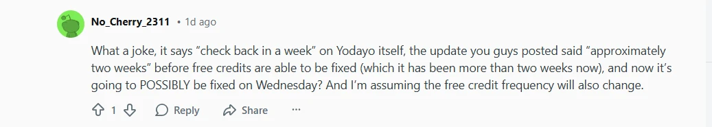 Yodayo's users complaining about the pause on free credits