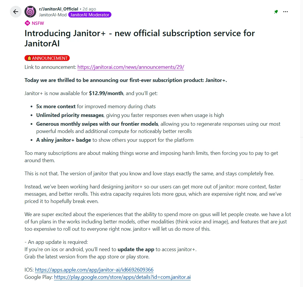 JanitorAI's official announcement of Janitor+ on Reddit