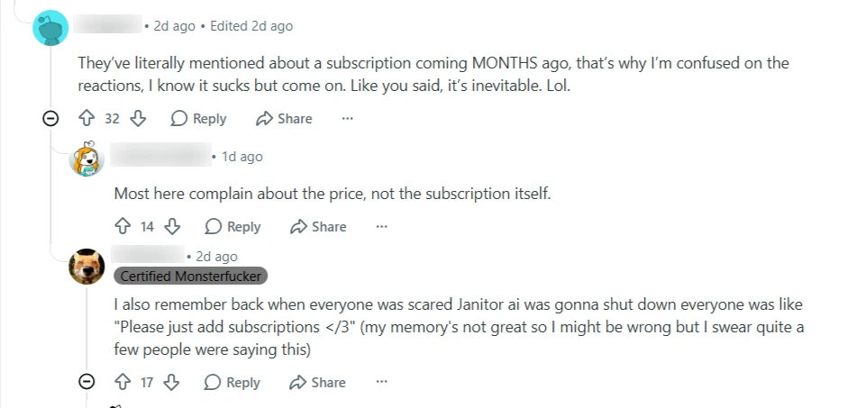 Reddit users defend Janitor subscription decision