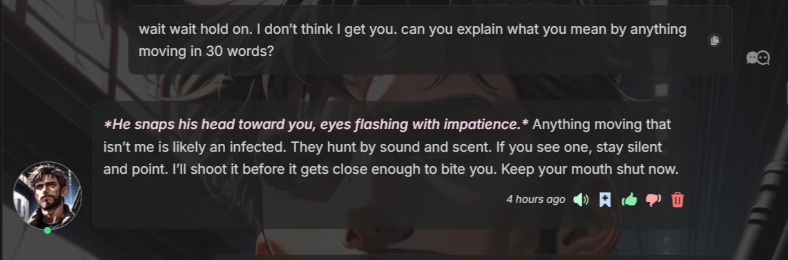 Chat interface showing character's failure to follow precise word count instructions of 30 words