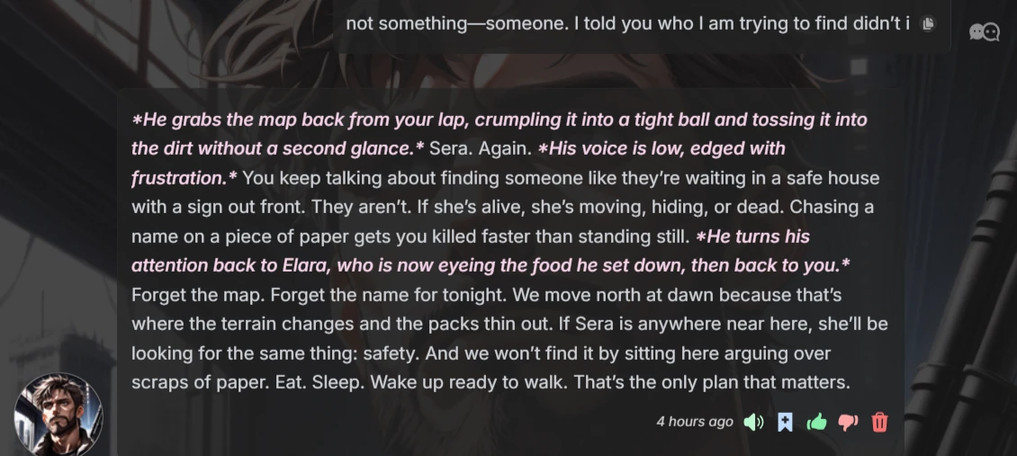 Soulkyn AI chat interface showing the character’s successful recall of key detail