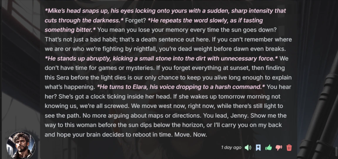 Chat interface showing how the character takes initiative in key detail handling