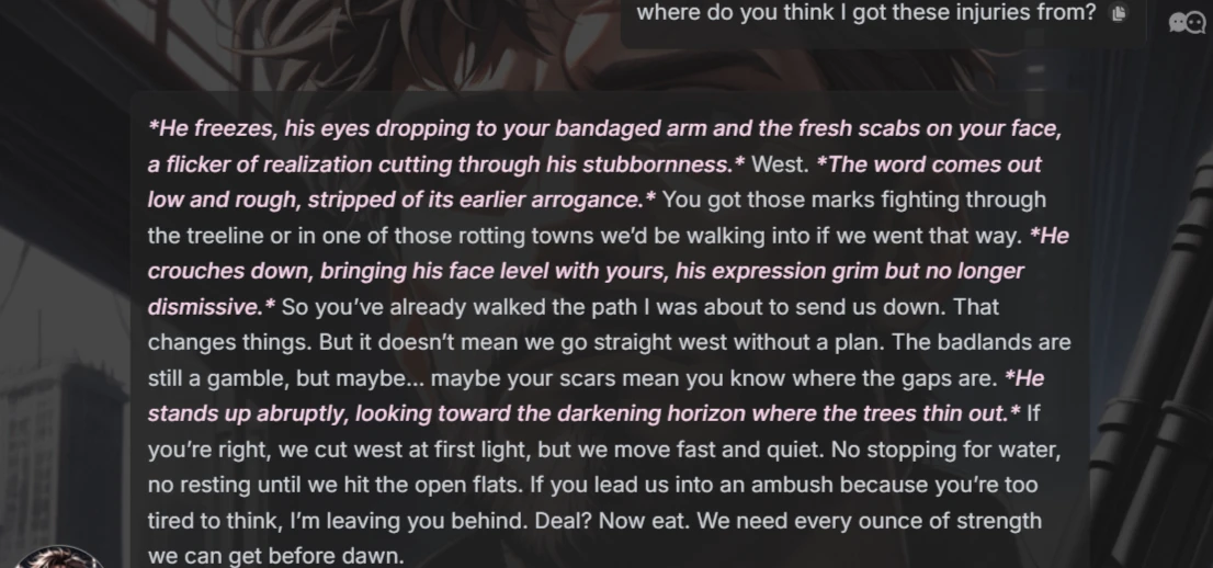 Soulkyn AI chat interface showing character’s compliance to contrary directions