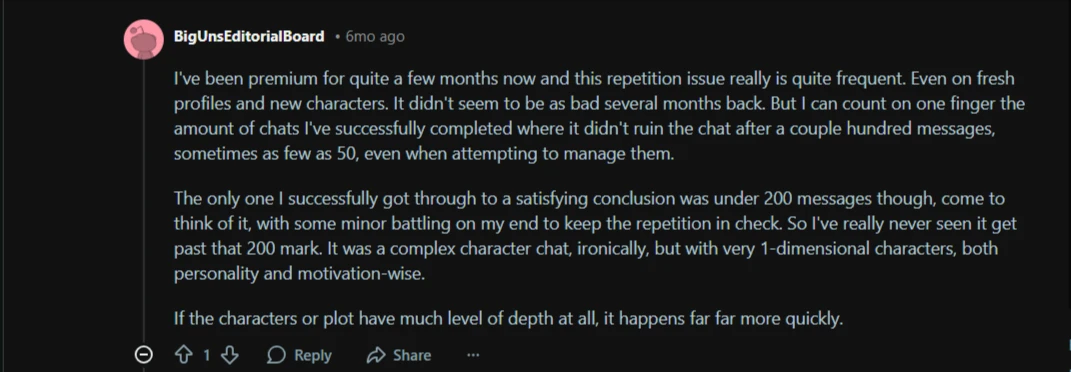 Screenshot of r/Soulkyn showing a user’s complaint of repetition in character responses