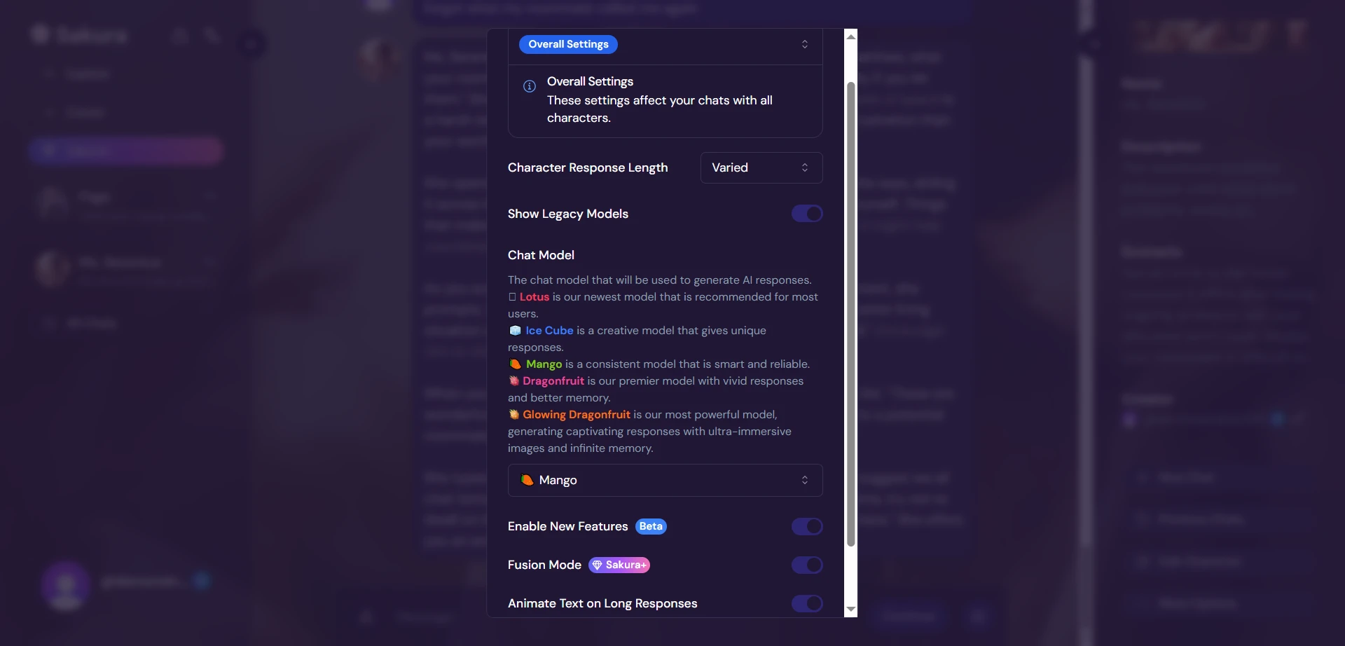 Sakura's setting for AI models