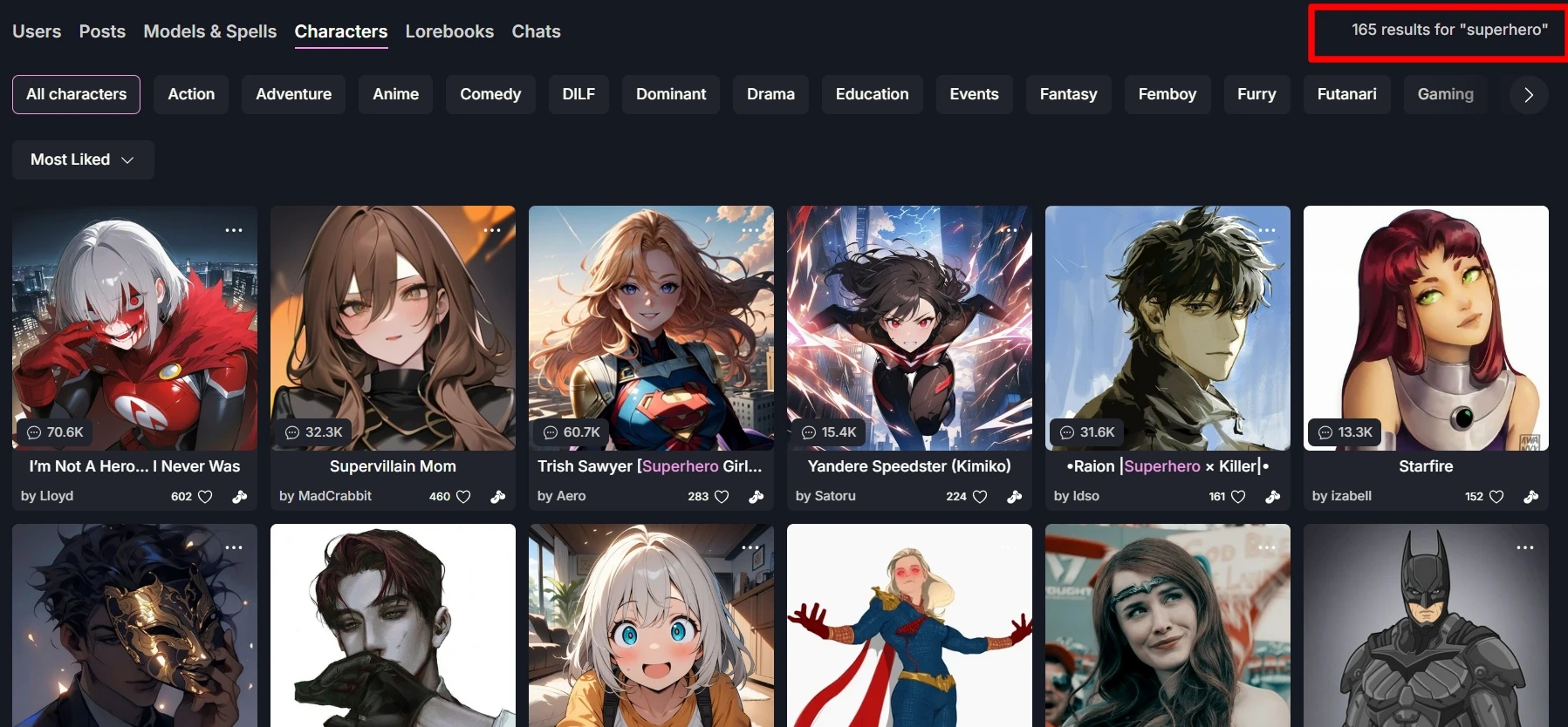 Screenshot s howing results for the search term "superhero" on Yodayo