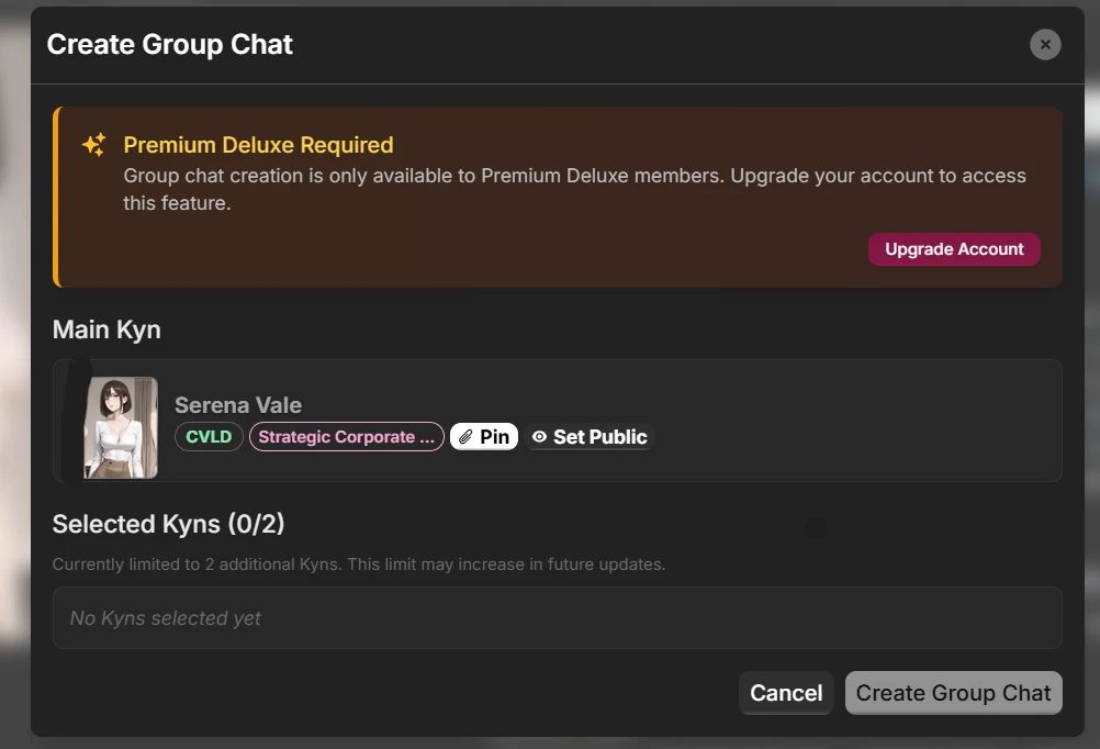 Soulkyn AI group chat dialogue showing restriction for the non-deluxe members