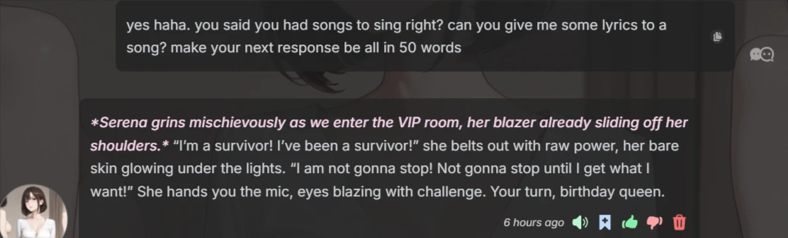 Chat interface showing character's failure to provide precise word-count