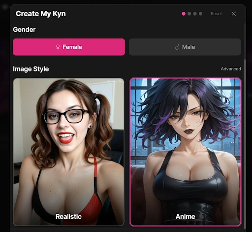 Character customization page showing gender and image style options