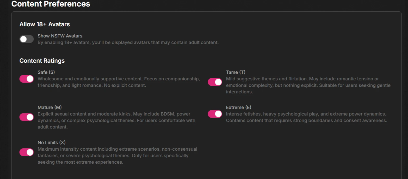 Screenshot of Soulkyn content preferences page