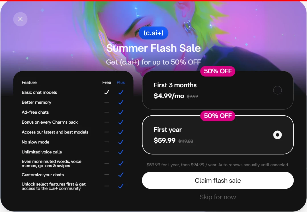 Character.AI pricing package and flash sale