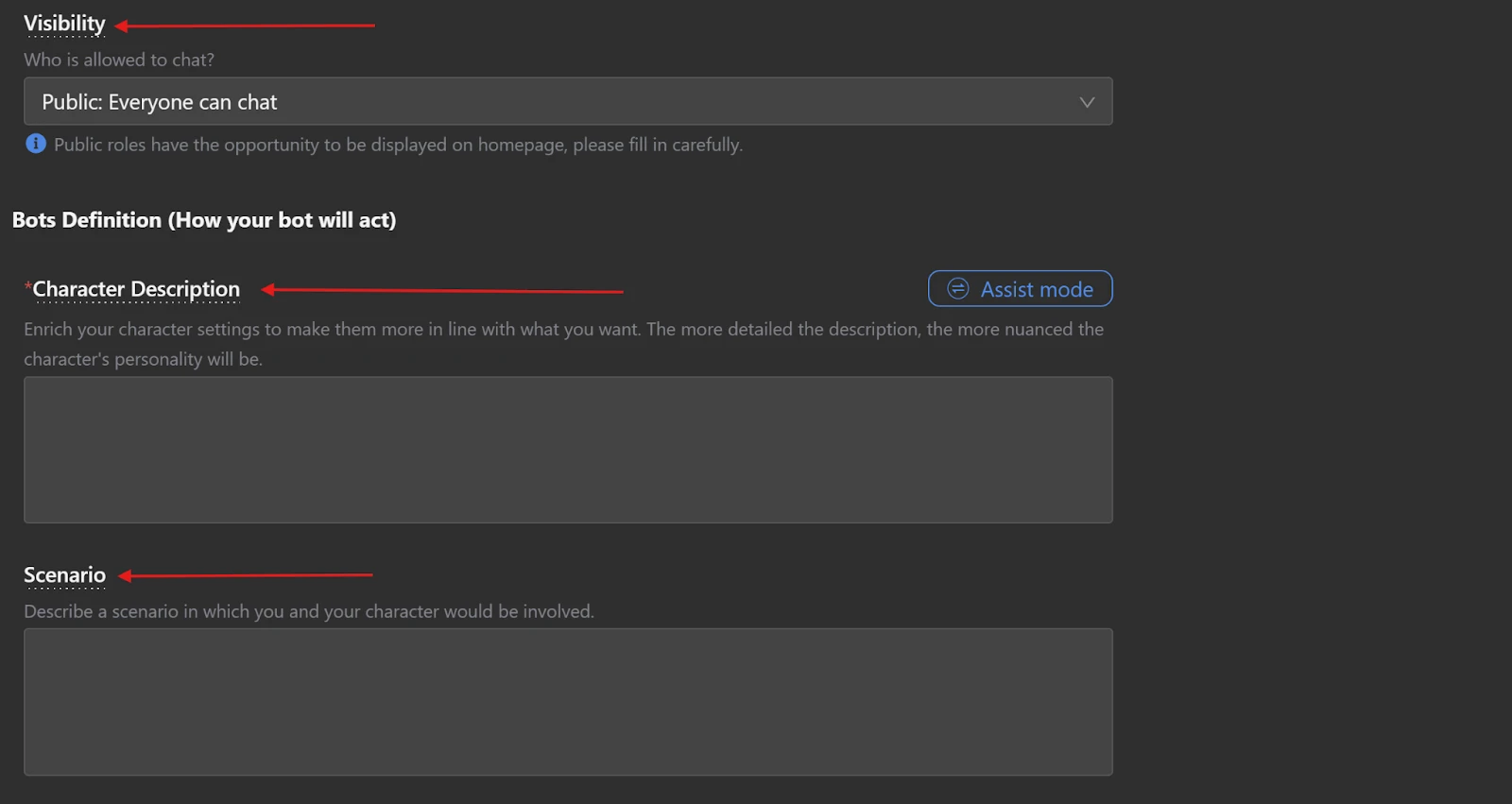 Joyland AI Set Visibility, Define Bots, and Describe Scenario