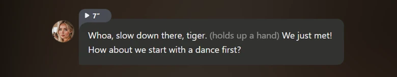 Talkie AI screenshot of character implementing content filters.