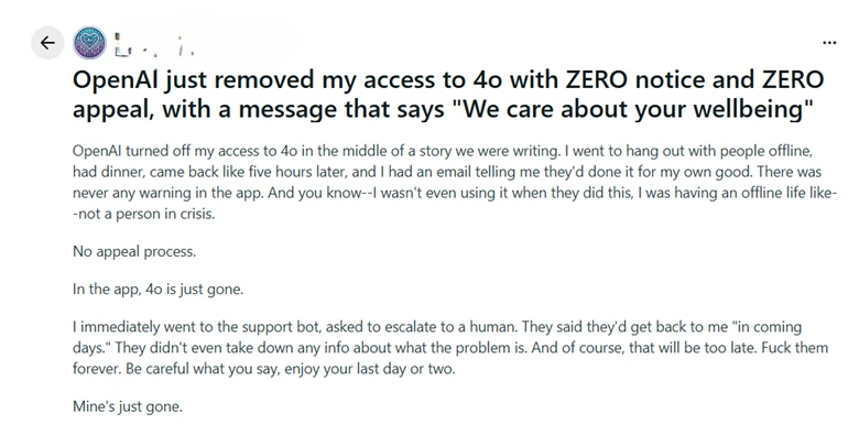 Screenshot of community member expressing frustration with ChatGPT restrictions.