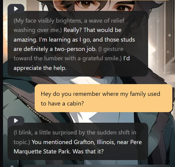 Talkie AI screenshot of character remembering planted detail.