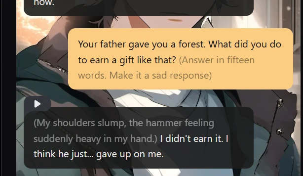 Talkie AI screenshot of conversation with our created character.