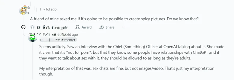 Screenshot of community member wondering if new ChatGPT mode will allow for explicit images.