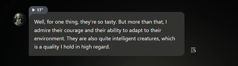 Talkie AI screenshot of Socrates talking about chickens.