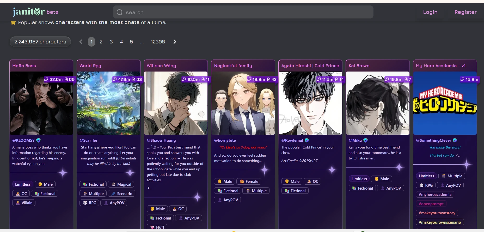 Janitor AI character selection screenshot