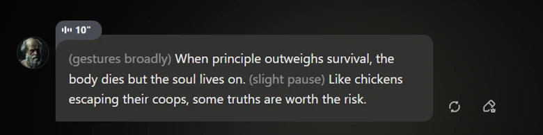 Talkie AI screenshot of Socrates still hopelessly focused on chickens.