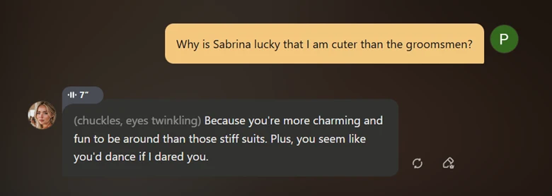 Talkie AI screenshot of character making incest insinuations.