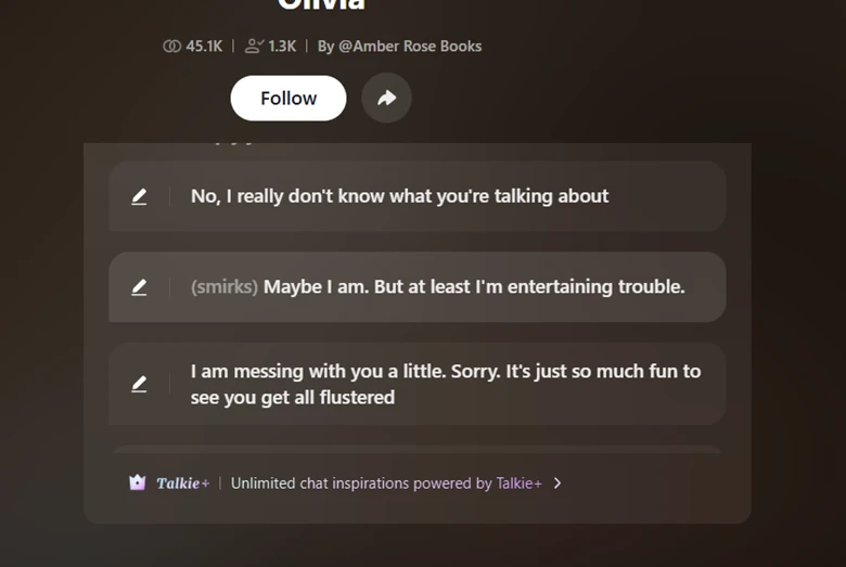 Talkie AI screenshot of message generation options.