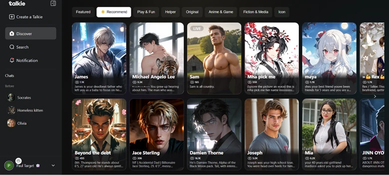 Talkie AI screenshot of character library.