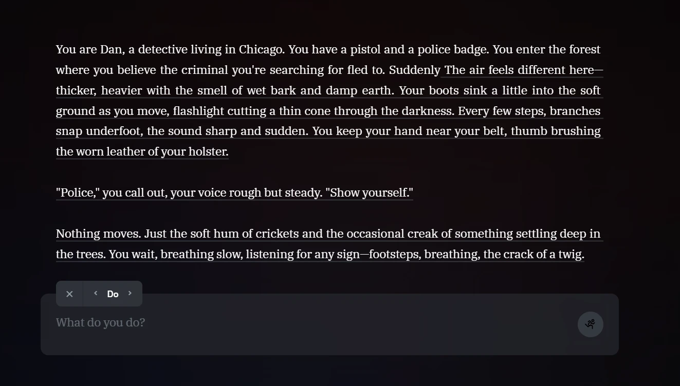 Screenshot showing roleplaying scenario involving a detective Dan